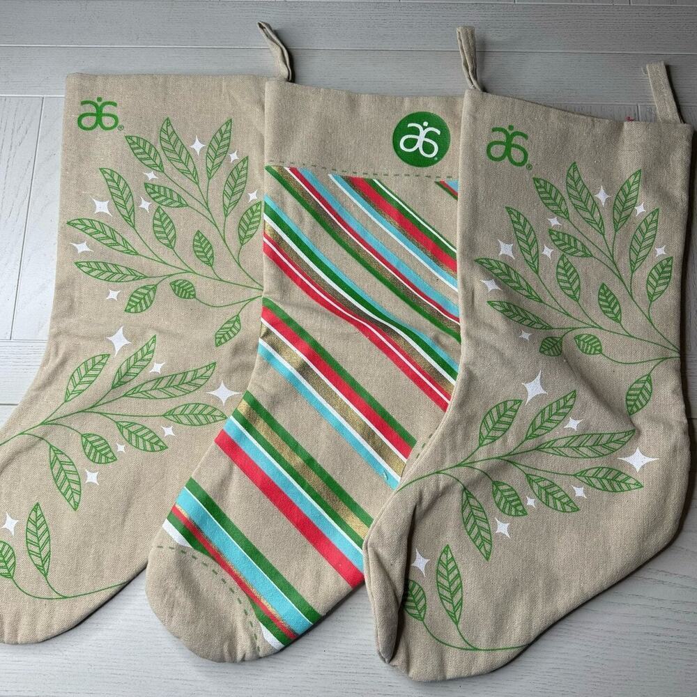 Arbonne Holiday Stockings Burlap Stripes & Holly Christmams Hook Loop